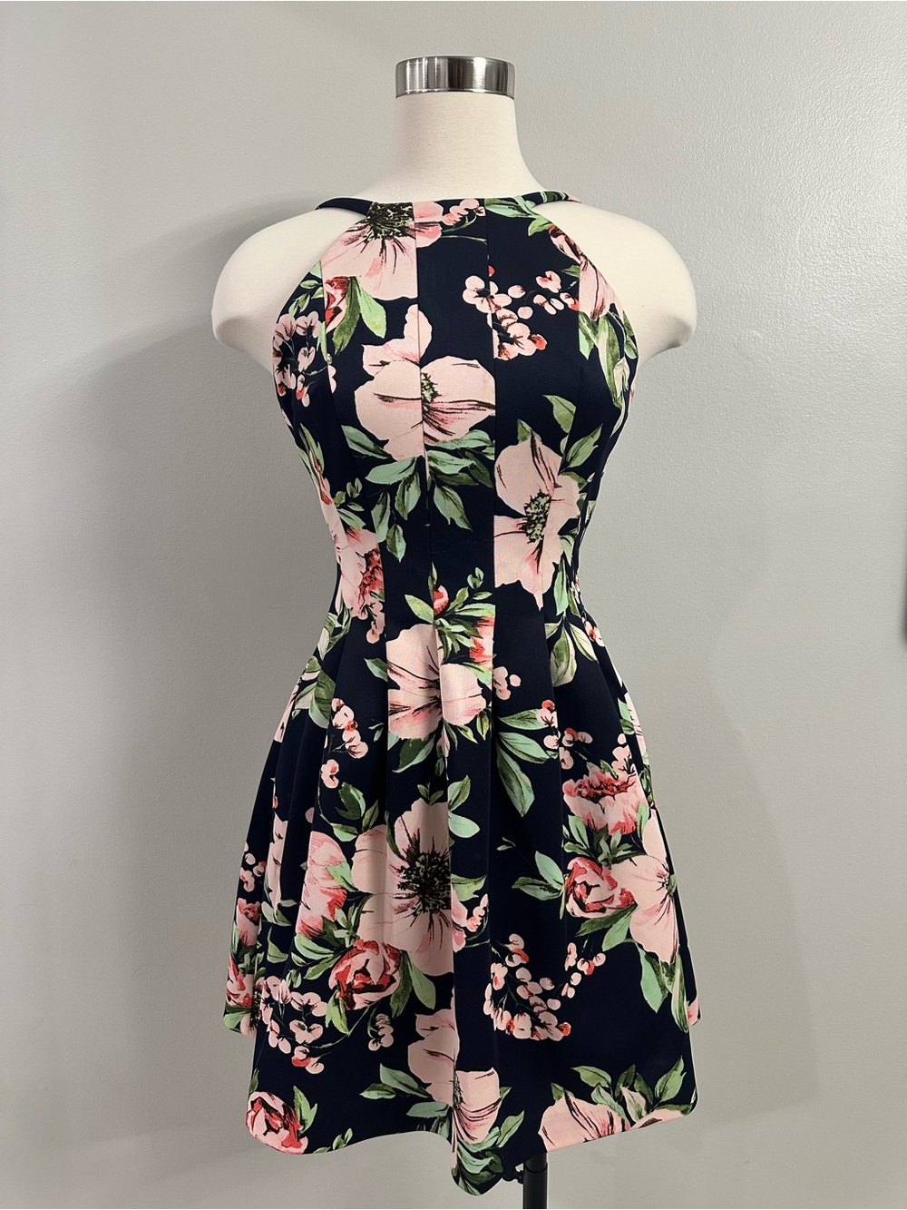 Vince Camuto Navy Floral Halter Mini Dress with Pink Blossoms
